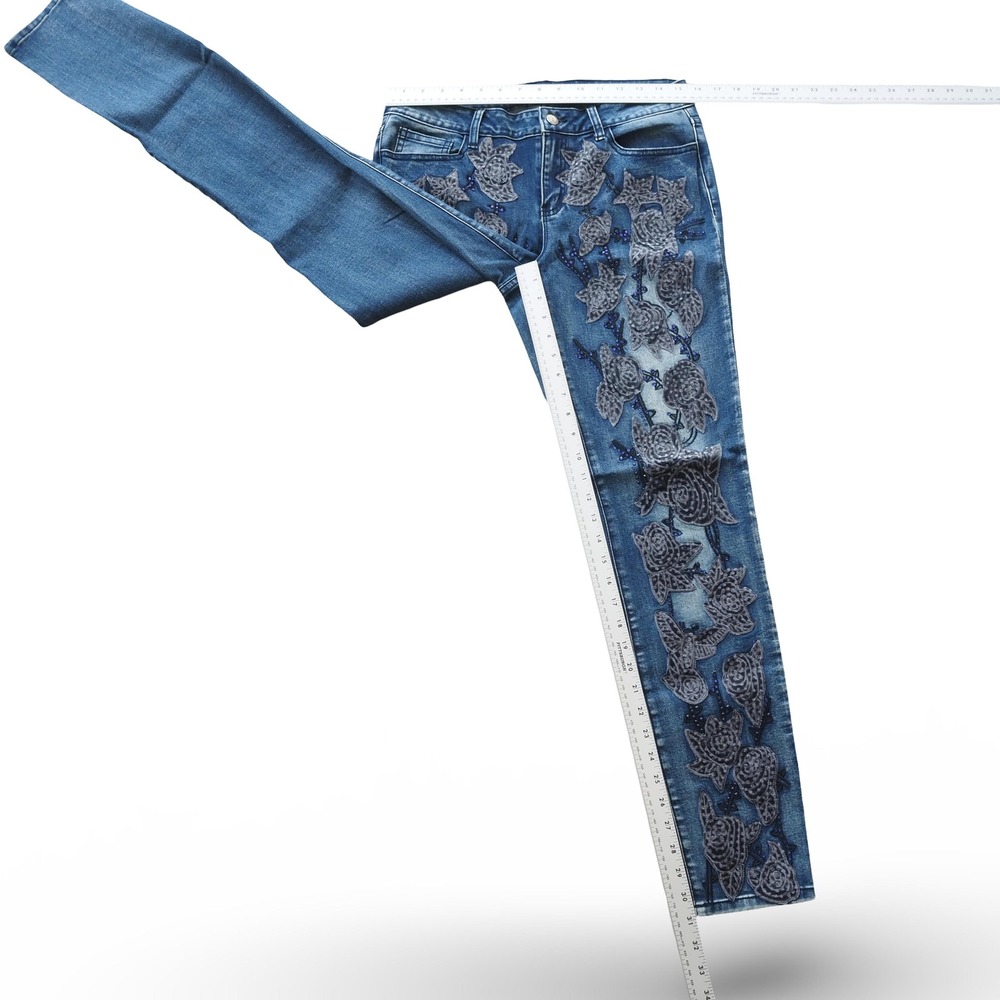 AZI VTG Embellished Floral Skinny Jeans Womens 8 Blue Y2K Stretch Denim Pants - Picture 11 of 13